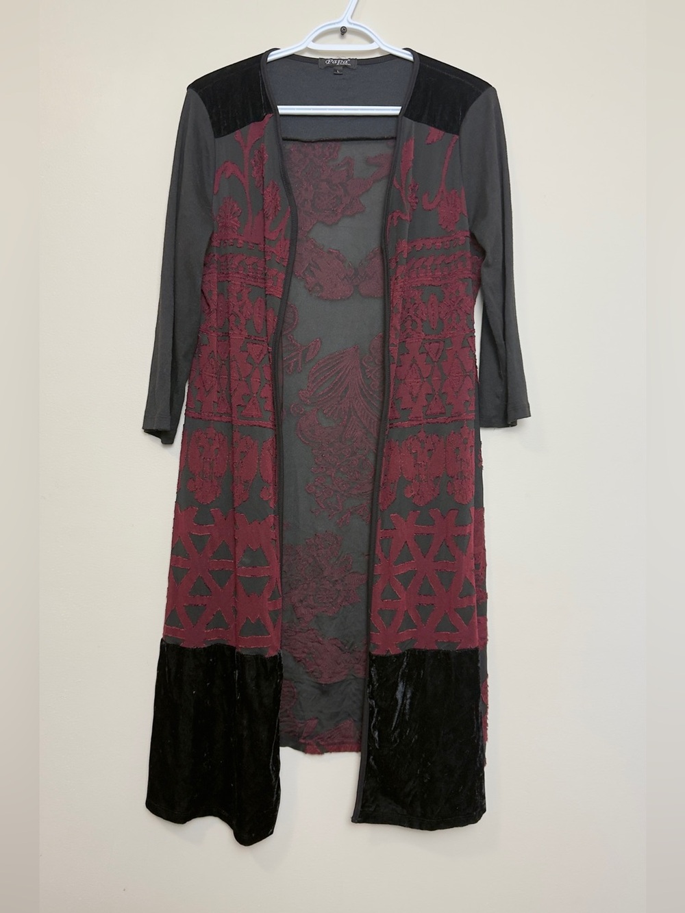 Papa Vancouver Black Burgundy Sheer Floral Overlay Duster Cardigan Women’s Large - Picture 2 of 6